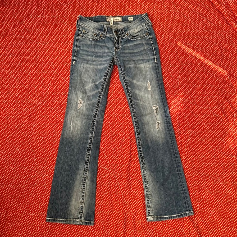 BKE Sabrina Bootcut Jeans Womens 27R Blue Distressed Low Rise Y2K Denim
